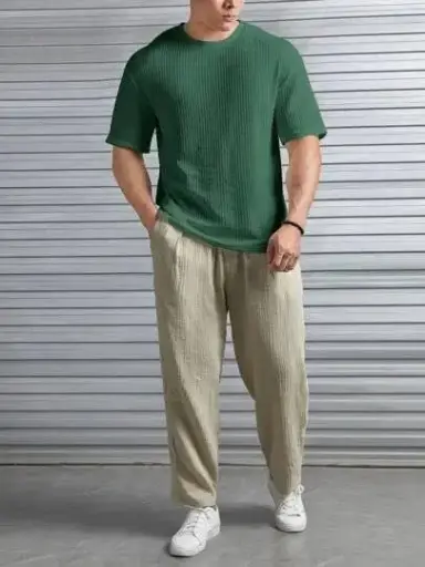 Green Ribbed T-shirt & Khaki Pants